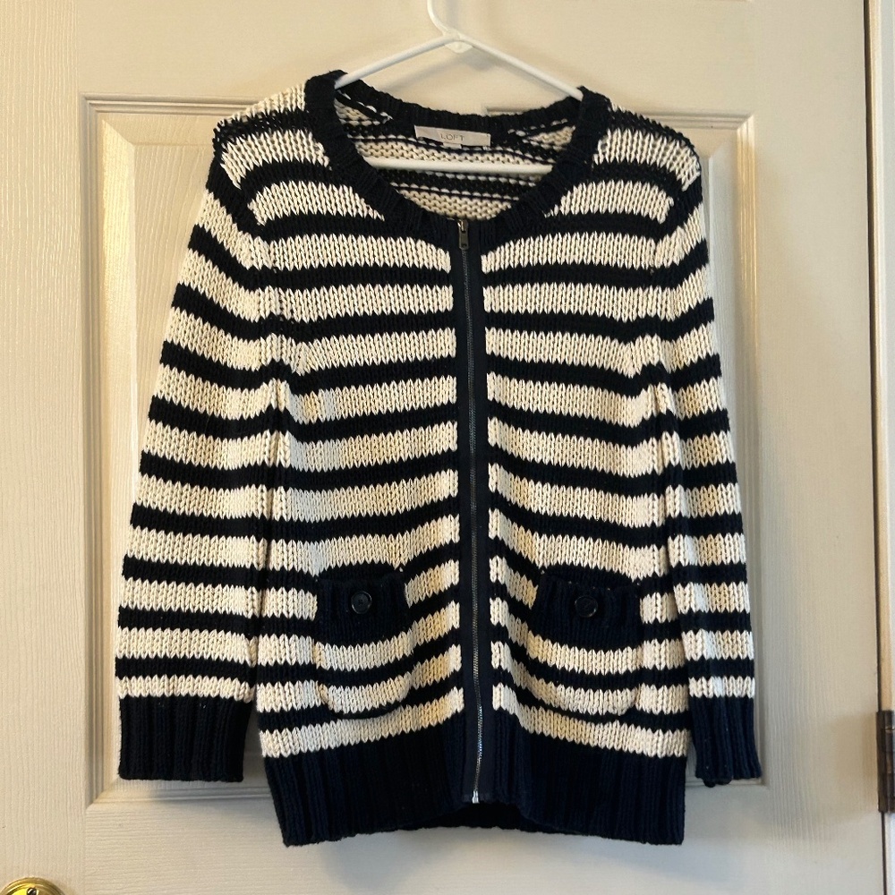 Loft navy and ivory zip-up cardigan, Size L